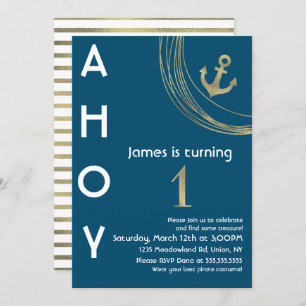 Invitation Pirate 1er anniversaire Faux Gold Ancre Nautique