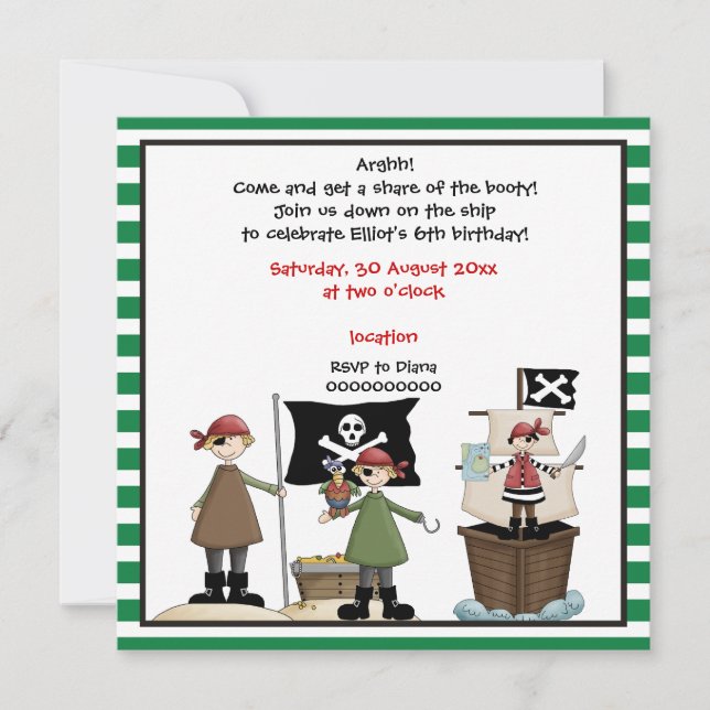 Invitation Pirate anniversaire de enfant de la frontière vert (Devant)
