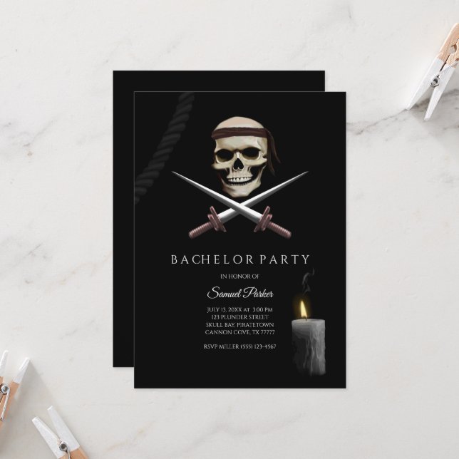 Invitation Pirate Bachelor Party - thème pirate (Devant/Arrière en situation)