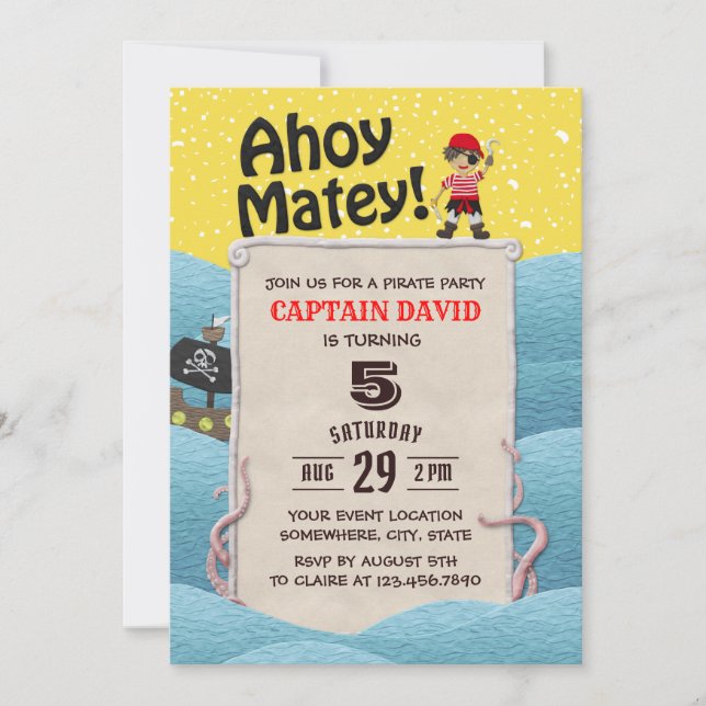 Invitation Pirate Botte Octopus Ahoy Matey Fête d'anniversair (Devant)