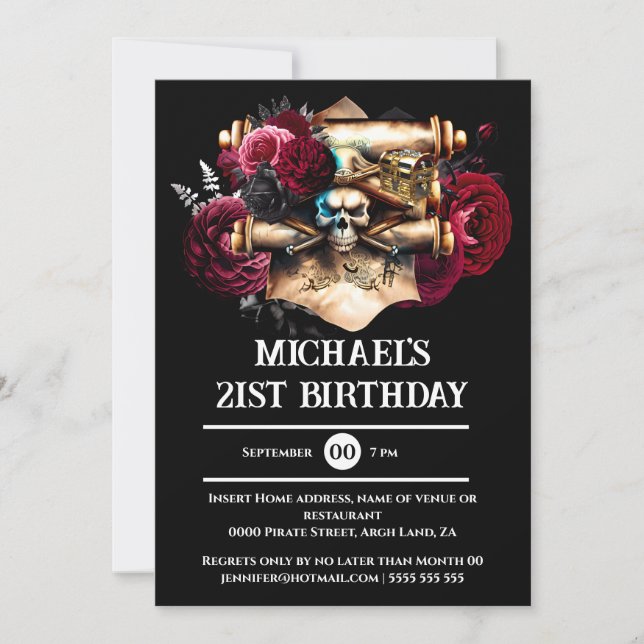 Invitation Pirate crâne 3D goth roses halloween adultes (Devant)