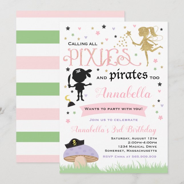 Invitation Pirate de fée d'invitation d'anniversaire de lutin (Devant / Derrière)