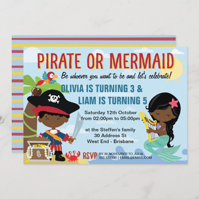 Invitation Pirate et sirène afro-américains (Devant / Derrière)