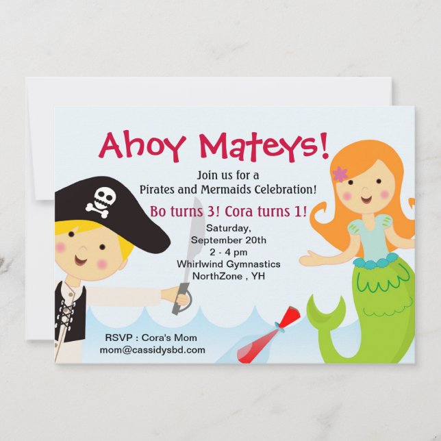 Invitation Pirate et Sirène Anniversaire de fête (Devant)