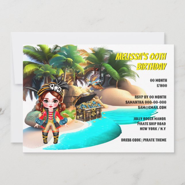 Invitation Pirate fille thème île trésor oiseau tropical (Devant)