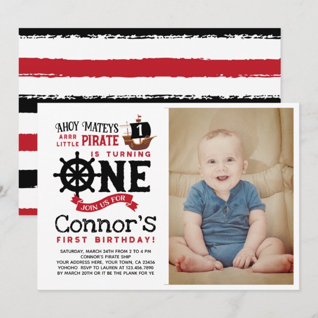 Invitation Pirate First Birthday avec photo (Devant / Derrière)