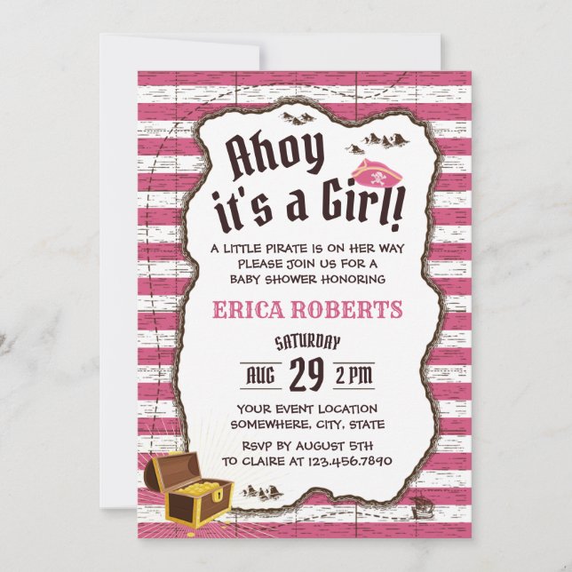 Invitation Pirate Girl Pink Stripes Adventure Map Baby shower (Devant)