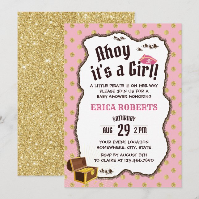 Invitation Pirate Girl Rose & Gold Adventure Map Baby shower (Devant / Derrière)