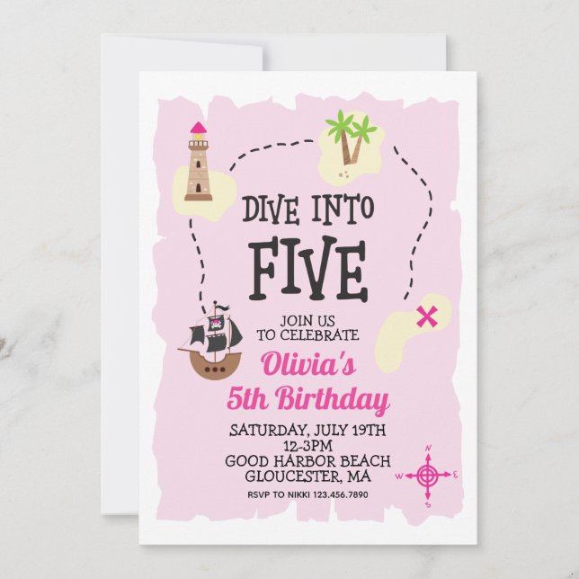 Invitation Pirate Plonger dans cinq rose 5e anniversaire Invi (Devant)