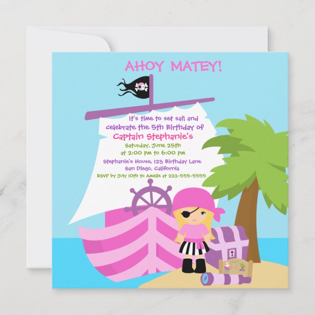 Invitation Pirate Ship Blonde Girl Anniversaire Fête Invitati (Devant)