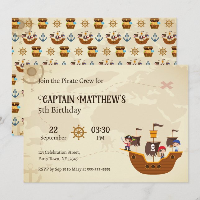 Invitation Pirate Ship Treasure Map Anniversaire de enfant Pa (Devant / Derrière)