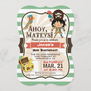 Invitation Pirate ; Soirée d'anniversaire verte, orange et Br