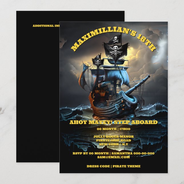 Invitation Pirate thème anniversaire fête jolly roger fantôme (Devant / Derrière)