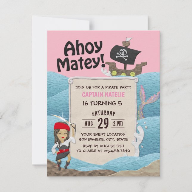 Invitation Pirate Thème Capitaine Fille Anniversaire (Devant)