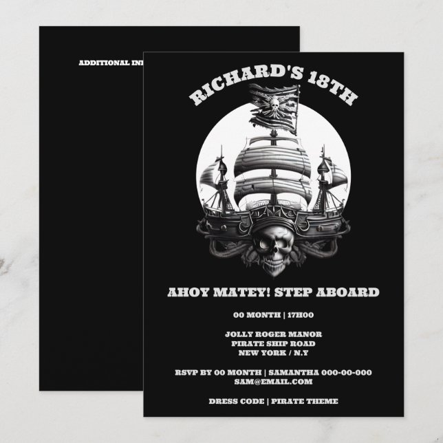 Invitation Pirate thème fête noir blanc crâne navire drapeau (Devant / Derrière)