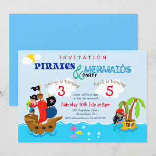 Invitation Pirates et Sirène Colorée fête d'anniversaire conj