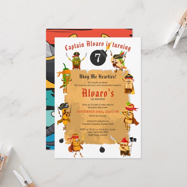 Invitation Pirates Fiesta Funny Pirate Caricature Anniversair (Devant/Arrière en situation)