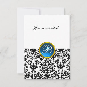Invitation PIRRE DE DAMAS MONOGRAMME saphir bleu blanc rsvp