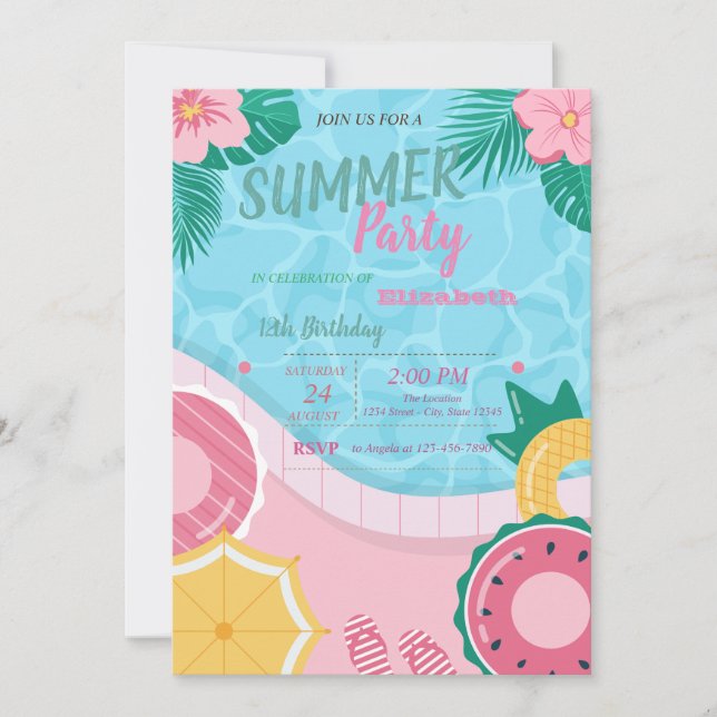 Invitation Piscine à fleurs tropicales fête d'anniversaire (Devant)