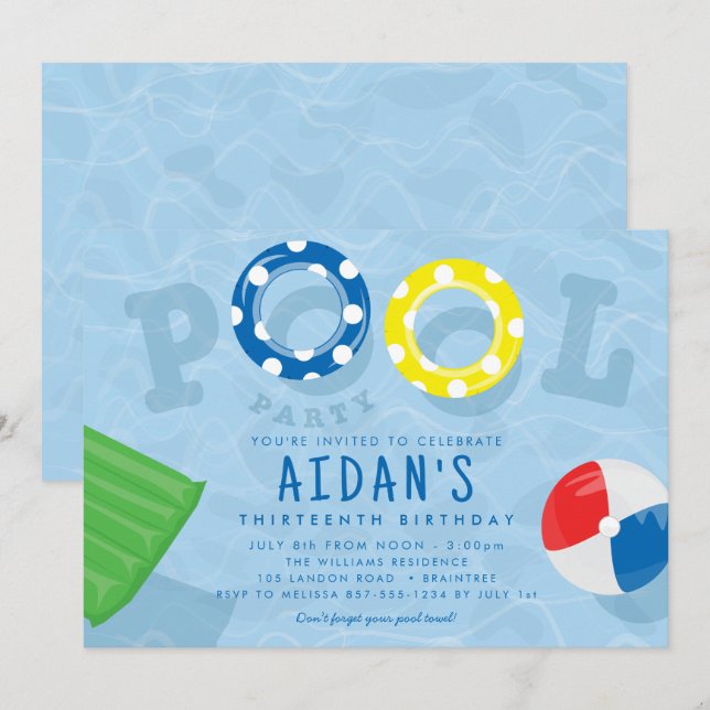 Invitation Piscine Anniversaire (Devant / Derrière)