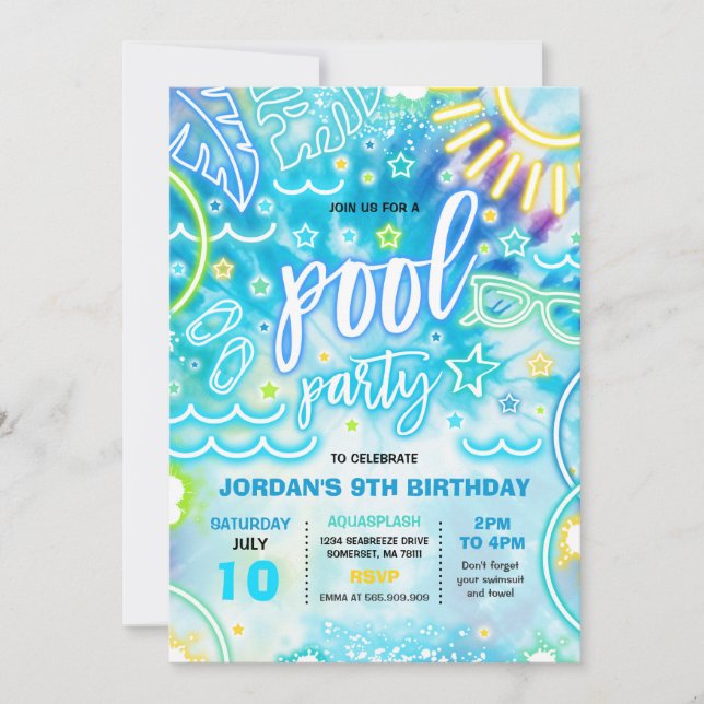 Invitation Piscine Anniversaire Diapositive Pad Tie Dye Glow (Devant)