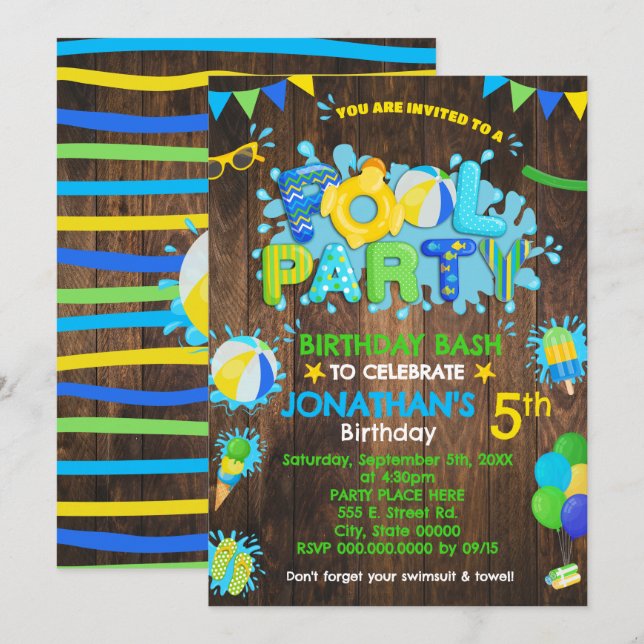 Invitation Piscine Anniversaire Fête Caoutchouc Bleu Vert Boi (Devant / Derrière)