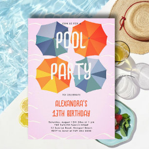 Invitation Piscine Anniversaire Parapluies Cool Ado rose Twee