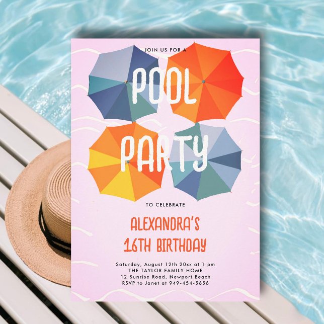 Invitation Piscine Anniversaire Parapluies Cool Rose Sweet 16 (pink sweet 16 pool party invitations ideas modern umbrellas colorful pattern chic cute cool fun teen)