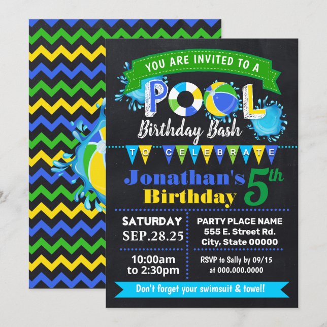Invitation Piscine Bleue Chalkboard Anniversaire Bassin d'été (Devant / Derrière)
