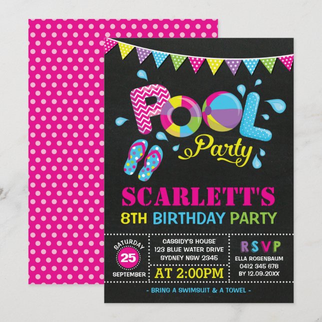 Invitation Piscine colorée Fête Filles Anniversaire Piscine (Devant / Derrière)