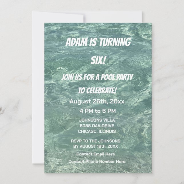 Invitation Piscine cool Fête Anniversaire Bleu Eau selon l'âg (Devant)