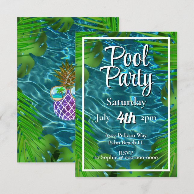 Invitation Piscine cool feuilles (Devant / Derrière)