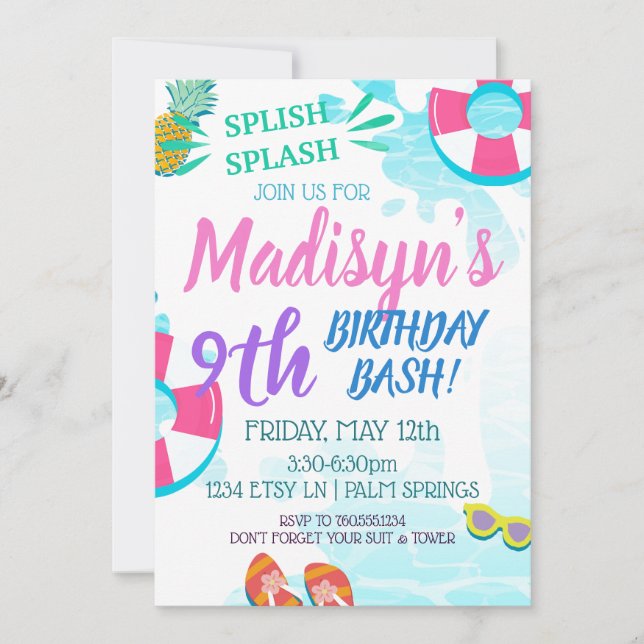 Invitation Piscine d'aquarelle éclaboussante Anniversaire RSV (Devant)