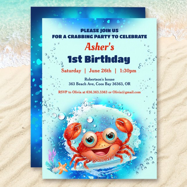 Invitation Piscine de crabe 1er anniversaire fête Blue Boy Cu (Crab Pool 1st Birthday Party Blue Boy Custom Age Invitation)