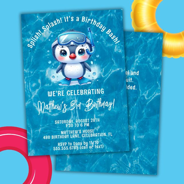 Invitation Piscine de pingouin de Splish Splash Fête d'annive (Créateur téléchargé)