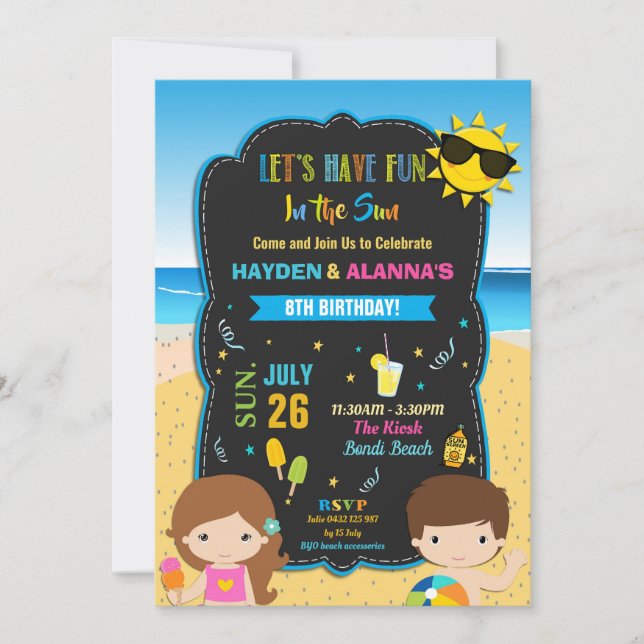 Invitation Piscine de plage Anniversaire Fête Jumeaux Filles (Devant)