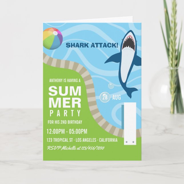 Invitation Piscine d'été à thème requin Fête d'anniversaire (Devant)