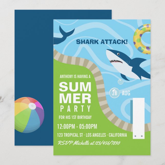 Invitation Piscine d'été à thème requin Fête d'anniversaire (Devant / Derrière)