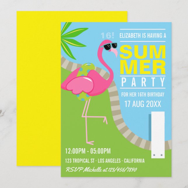 Invitation Piscine d'été cool Flamant rose rose fête d'annive (Devant / Derrière)