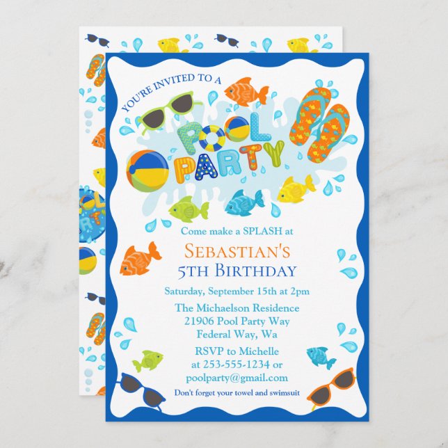 Invitation Piscine d'été Fête d'anniversaire (Devant / Derrière)