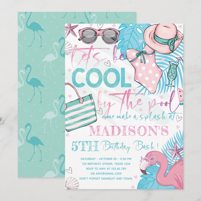 Invitation Piscine d'été Fête d'anniversaire mignonne rose Tu (Devant / Derrière)