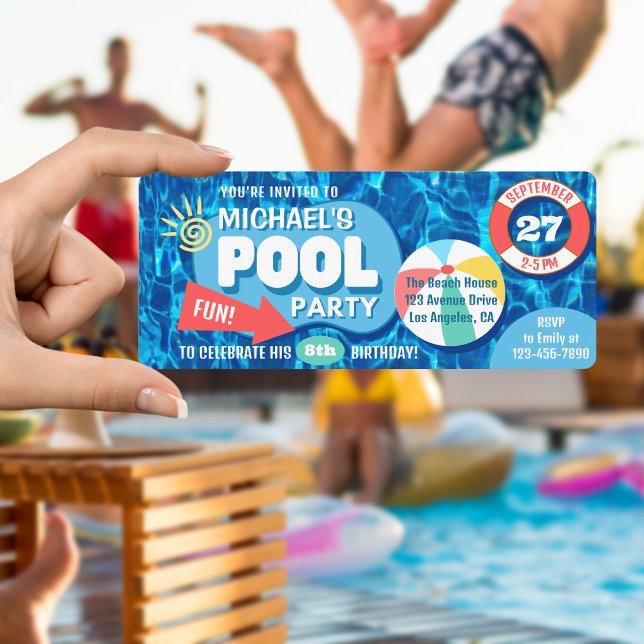 Invitation Piscine d'été Fête Tropicale Anniversaire Bleu (Créateur téléchargé)