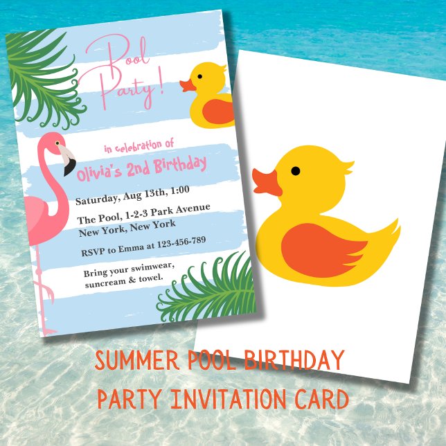 Invitation Piscine d'été Flamant rose en caoutchouc Canard fê (Summer Pool Party Birthday Invitation Card. Splash !)