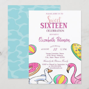 Invitation Piscine d'été Flamant rose rose Doux 16 Party