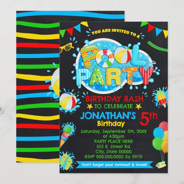 Invitation Piscine été Anniversaire Bash Primaire Coloris (Devant / Derrière)