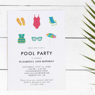 Invitation Piscine fête Anniversaire Minimal Simple Colorée M
