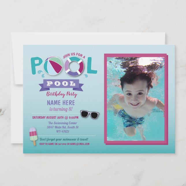 Invitation Piscine Fête Anniversaire Plage Flotte Été Lolly P (Devant)