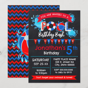Invitation Piscine fête d'anniversaire Bash Rouge Blanc Bleu