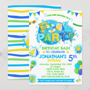 Invitation Piscine fête d'anniversaire bleu vert jaune