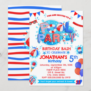 Invitation Piscine Fête d'été Rouge Blanc Bleu